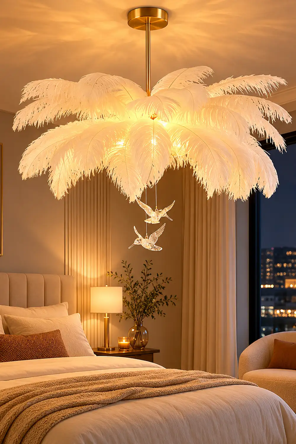 O'Moore Ostrich Contemporary Elegant Feather Chandelier, White - Lumpaz