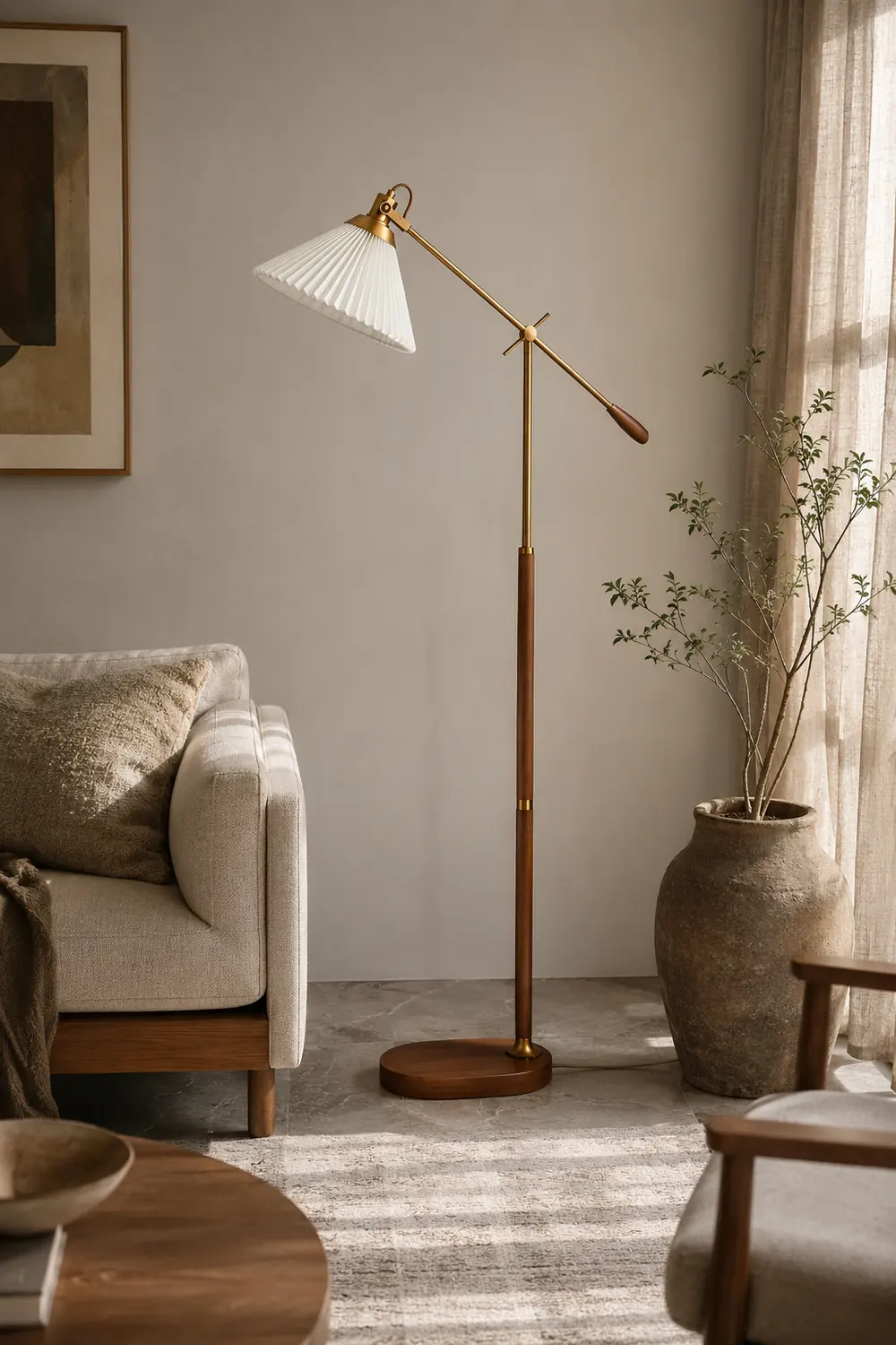 Ozawa Floor Lamp Pleated Retro, Metal/Wood, Living Room - Lumpaz