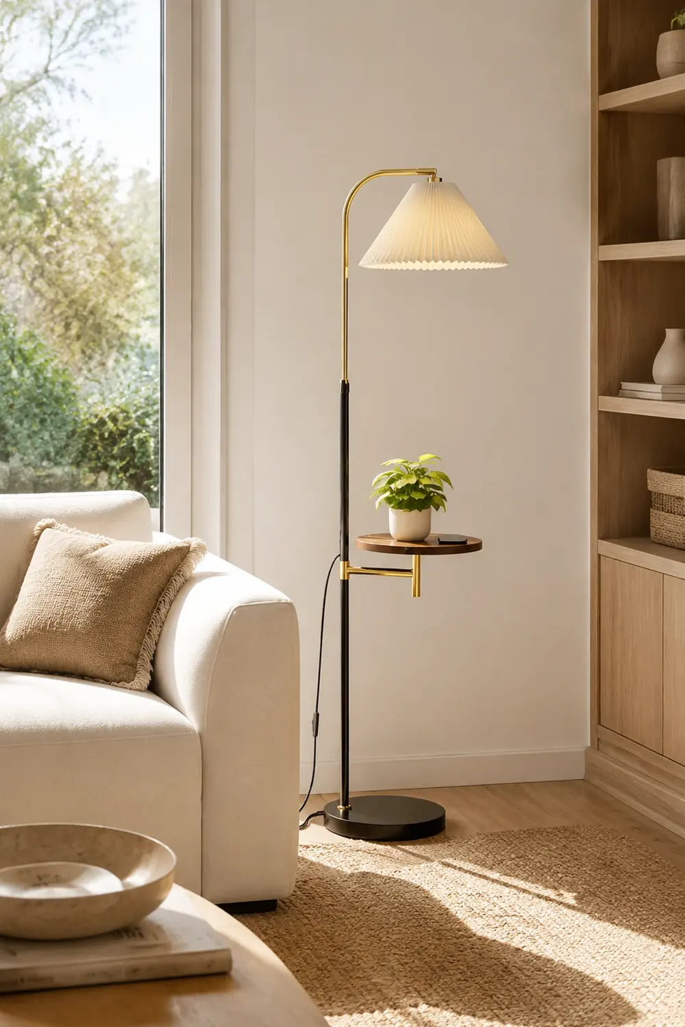 Ozawa Pleated Metal Floor Lamp With Shelves,Gold-Black/Gold - Lumpaz