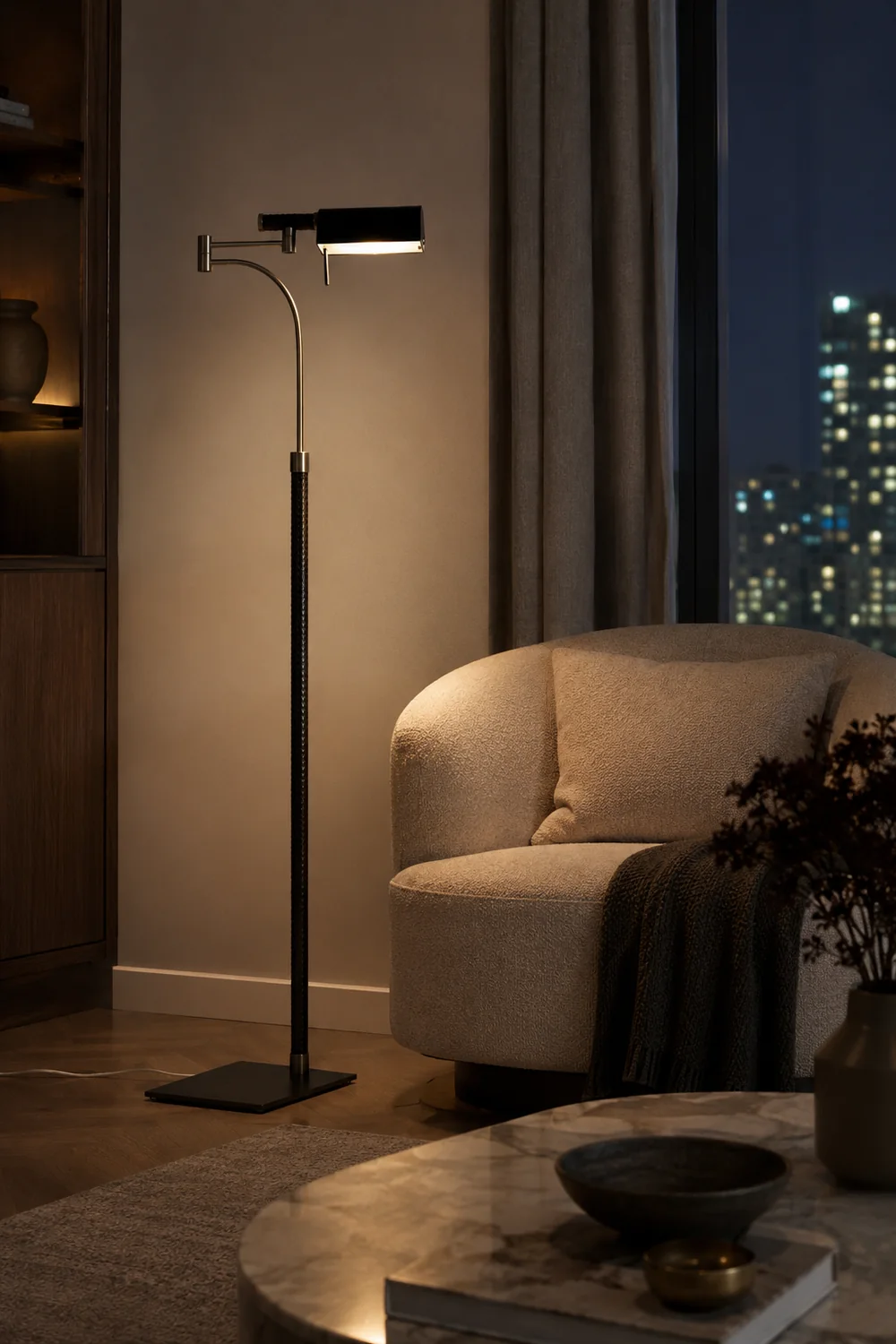 Salgado Design Modern Black Floor Lamp, Leather & Metal - Lumpaz