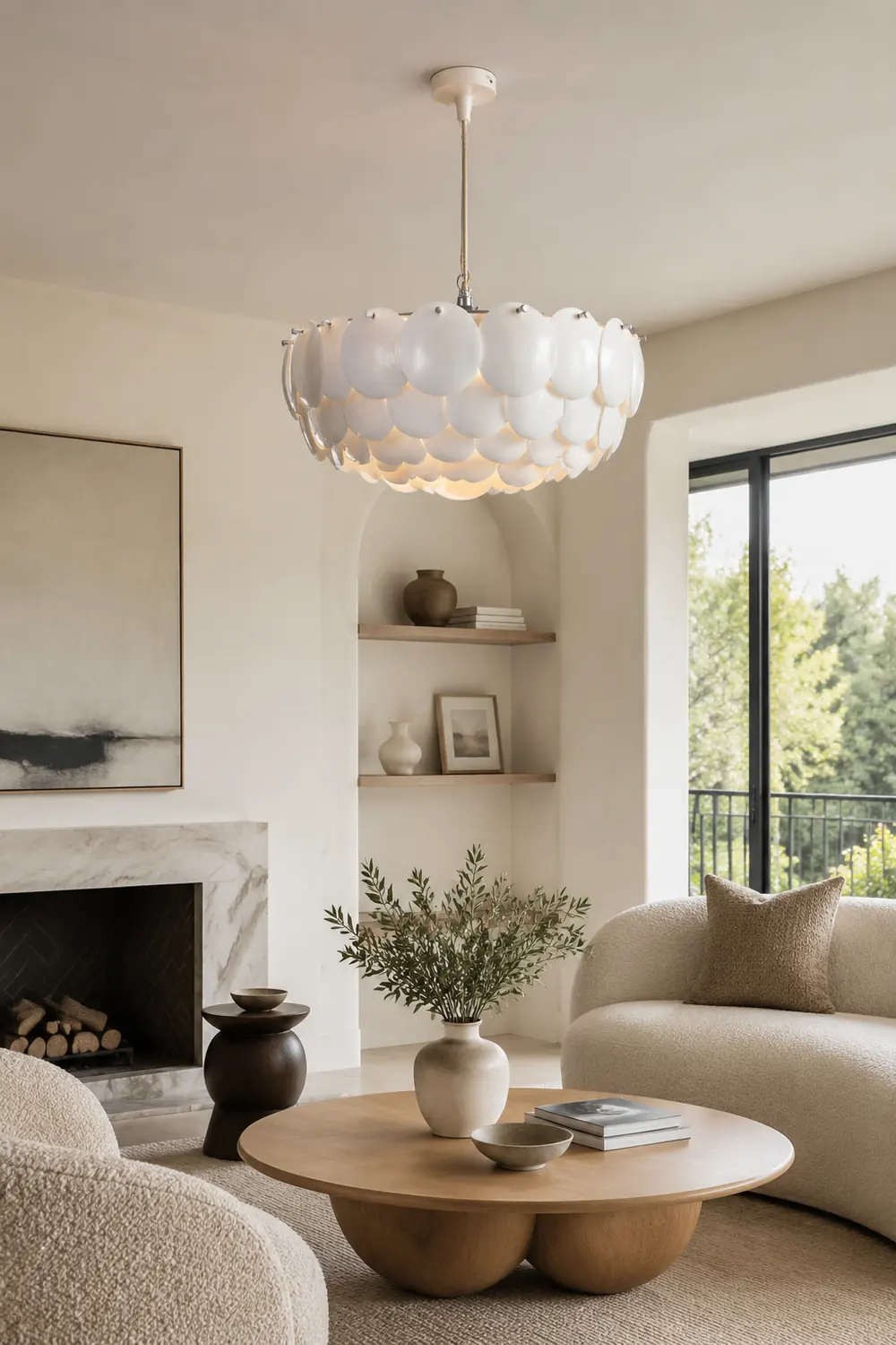 Lottie Wihte Art Deco Chandelier Light Fixture, Ceramic Leaf & Metal - Lumpaz