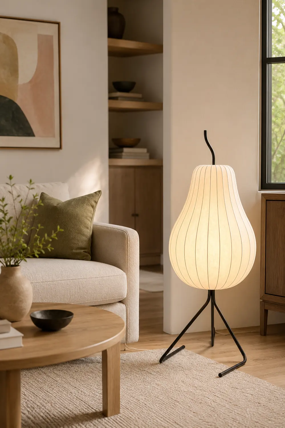Renée Floor Lamp Pear Shaped Unique Art Deco, Fabric/Metal, Living Room - Lumpaz