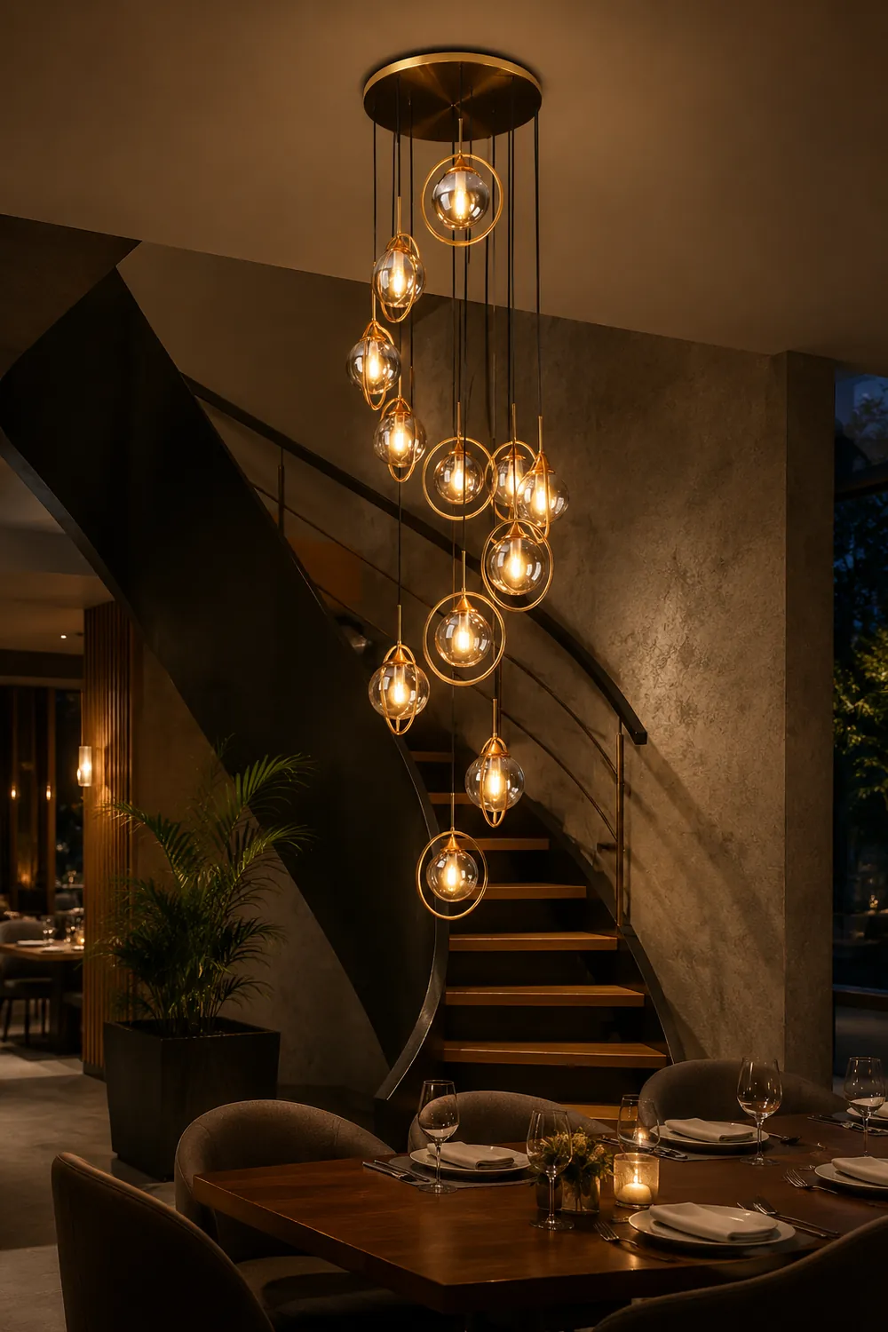 Hailie Modern Spiral Ball Glass Staircase Chandelier, Clear/Amber/Smoke Gray - Lumpaz