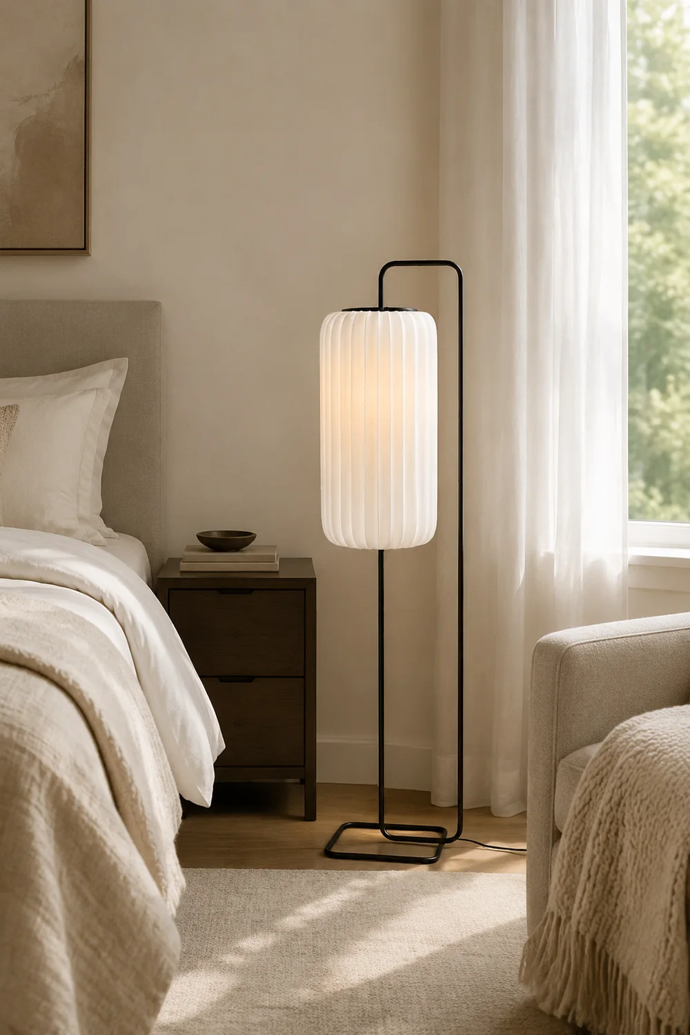 Renée Minimalist Column Fabric Metal Floor Lamp, Bedroom - Lumpaz