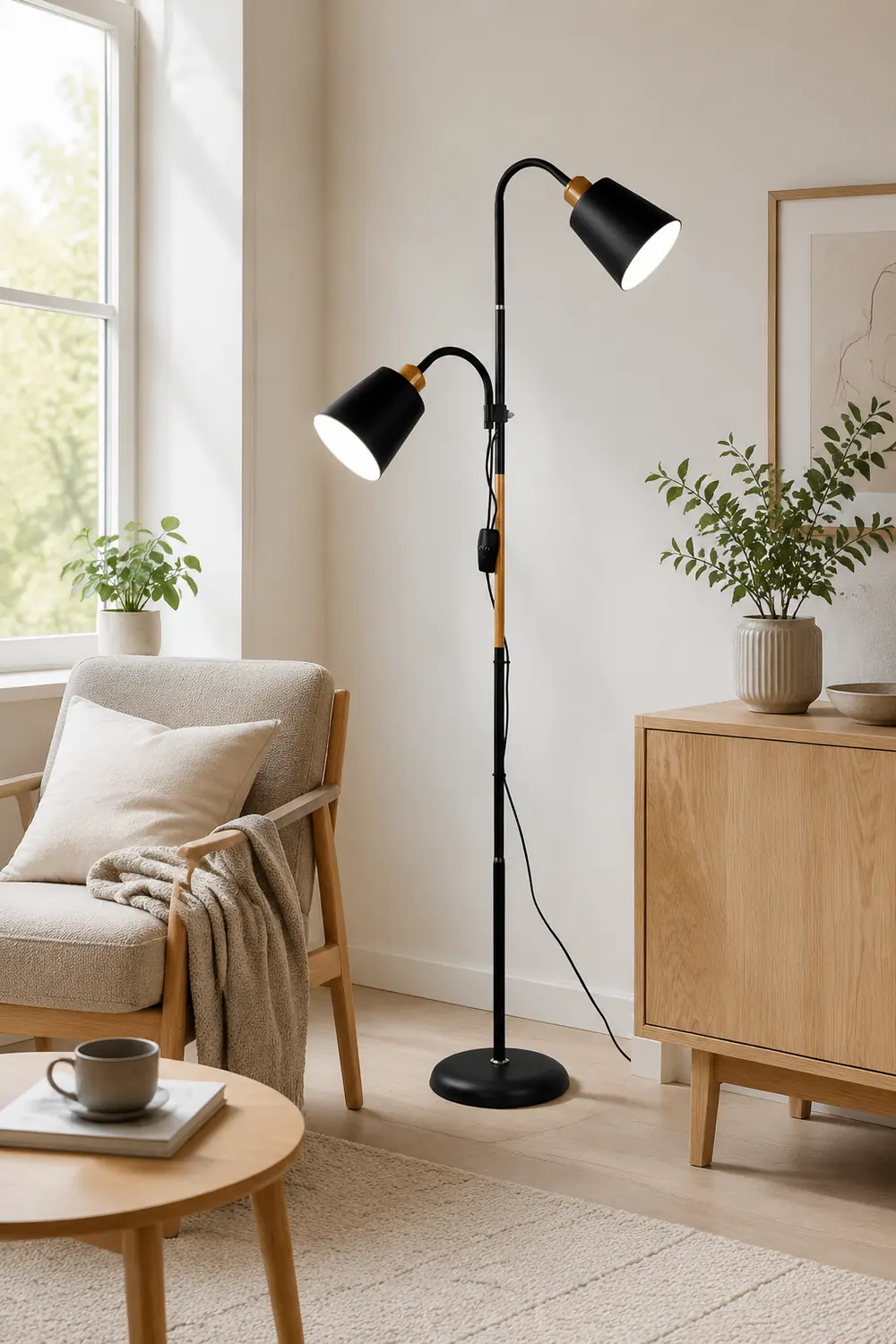 Eryn Floor Lamp Double Head Modern, Metal,Black/White, Bedroom - Lumpaz