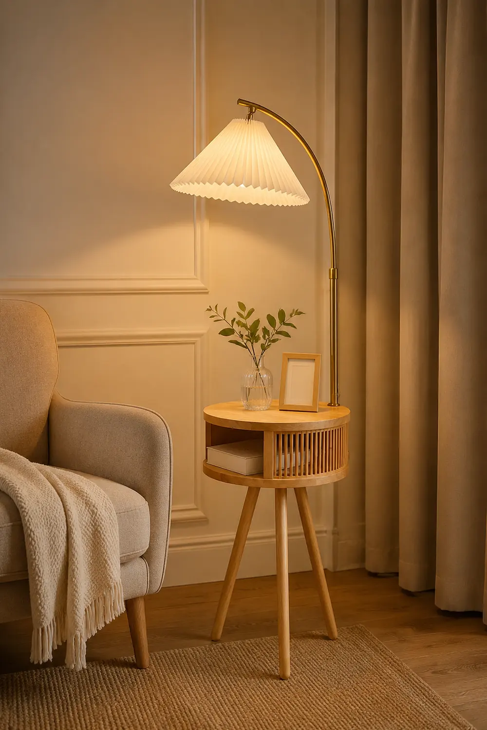 Ozawa Retro Pleated Metal & Wood Floor Lamp /w Bedside Table - Lumpaz