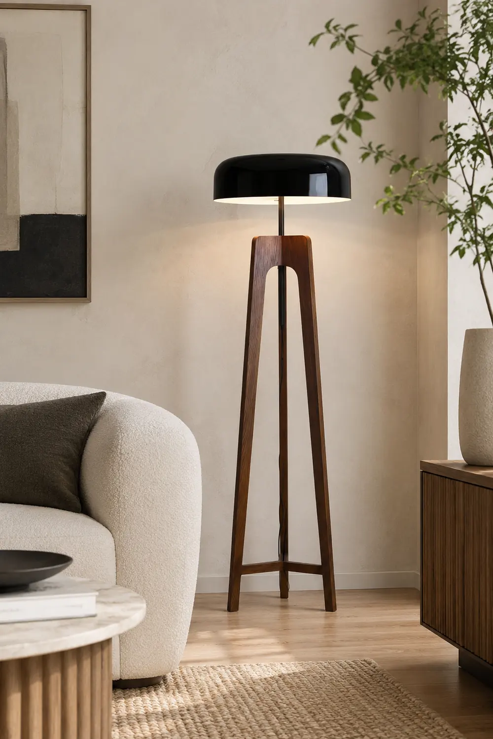 Ozawa Modern Bowl Tripod Wood Metal Floor Lamp, Black/White - Lumpaz