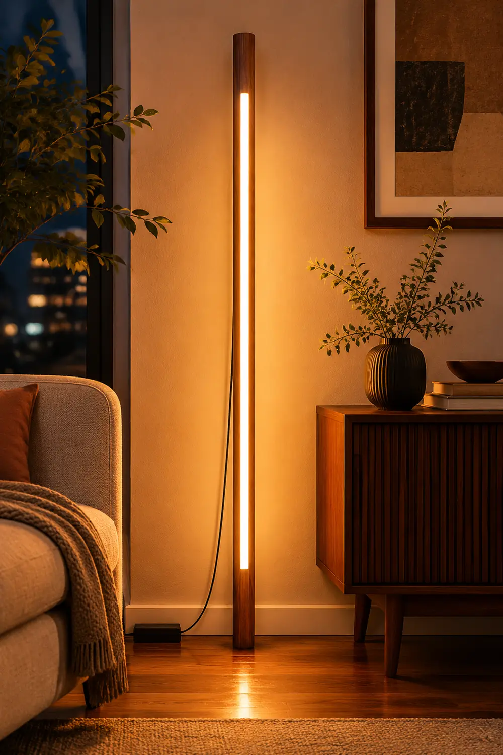Ozawa Minimalist Linear Floor Lamp, Wood/Acrylic, Living Room - Lumpaz