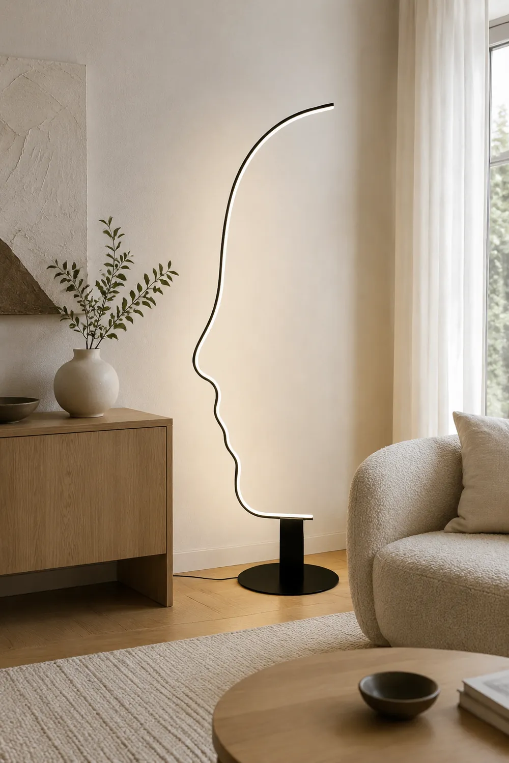 Edge Human Face Profile Modern Arc Floor Lamp, Black, Metal/Silicon - Lumpaz