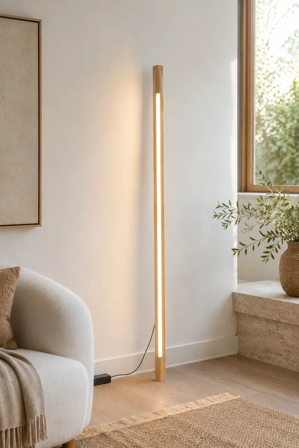 Ozawa Minimalist Linear Floor Lamp, Wood/Acrylic, Living Room - Lumpaz