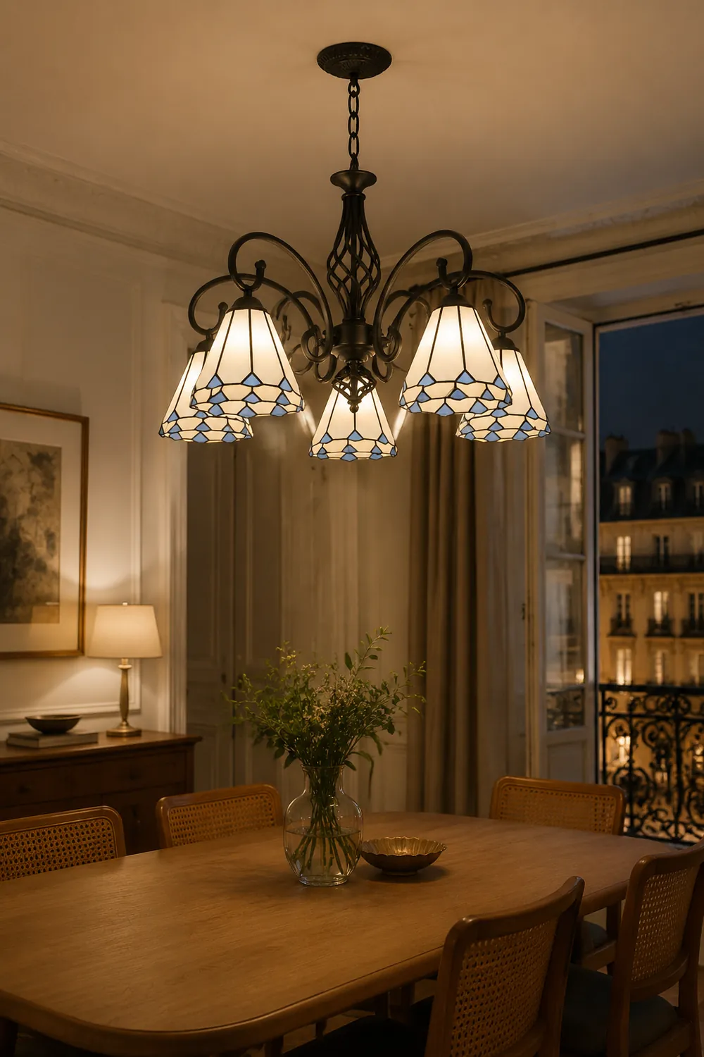 Silva Tiffany Mediterranean Branch Metal Chandelier, White/Blue/Navy Blue - Lumpaz
