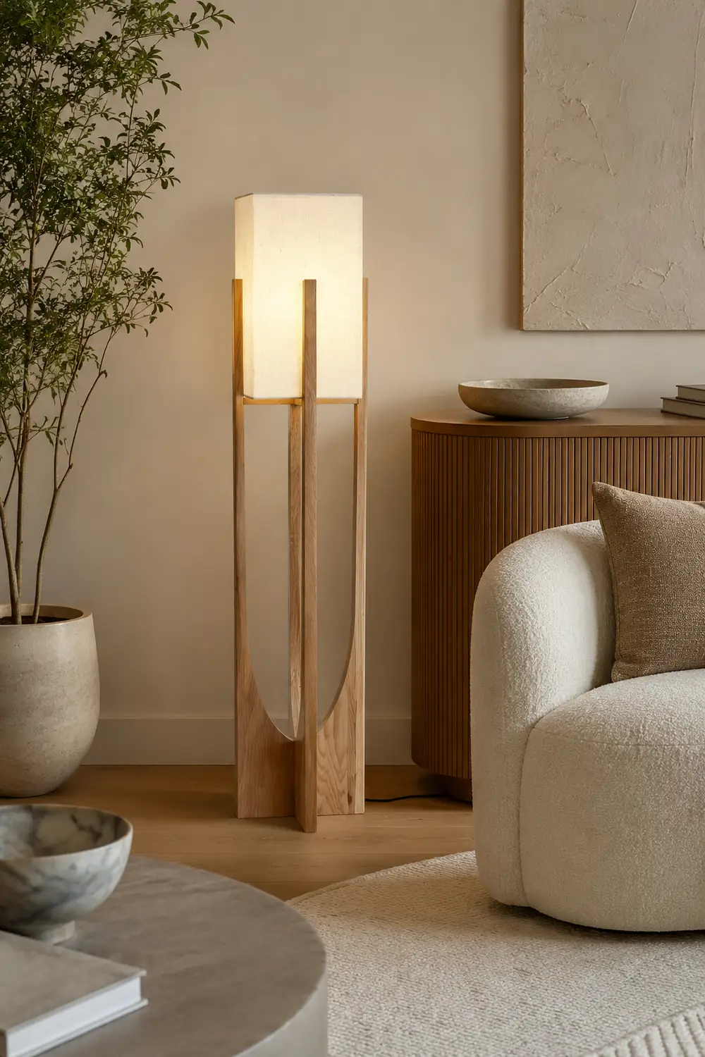Ozawa Natural Rectangular Wood/Fabric Floor Lamp - Lumpaz