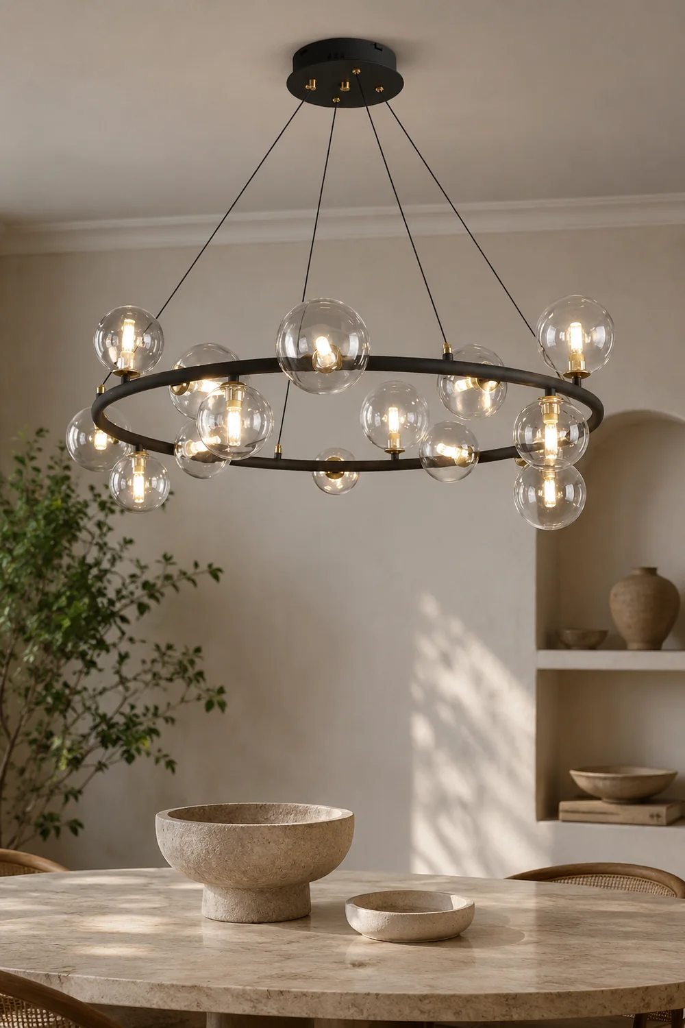 Valentina Modern Glass Globe Ring Chandelier, Gold/Black - Lumpaz