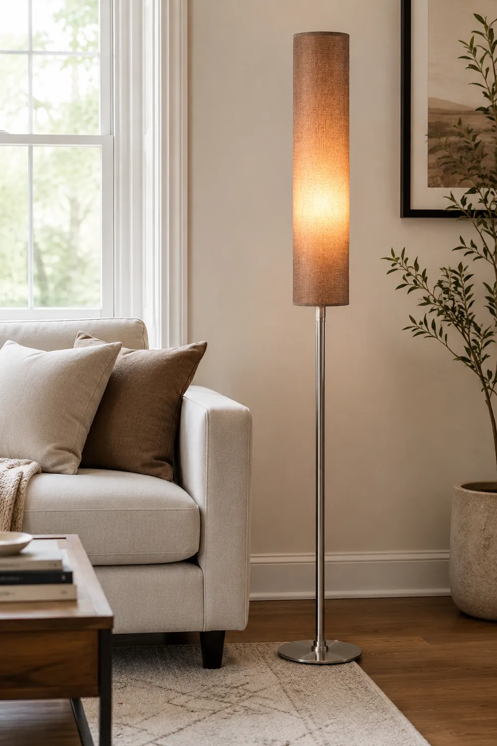 Renée Modern Cylinder Fabric Metal Floor Lamp, White/Red/Brown/Coffee - Lumpaz