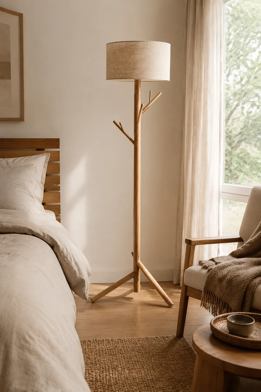 Muto Floor Lamp Japanese Tree, Beige, Fabric/Wooden - Lumpaz