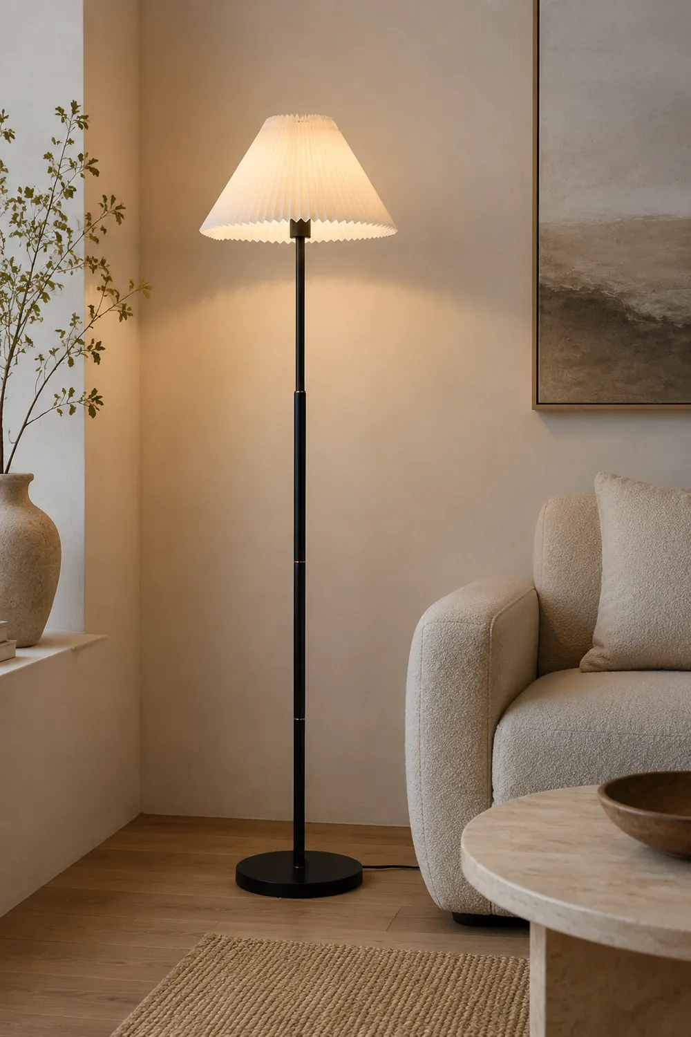 Ozawa Modern Pleated Metal Fabric Floor Lamp, White/Green/Apricot - Lumpaz