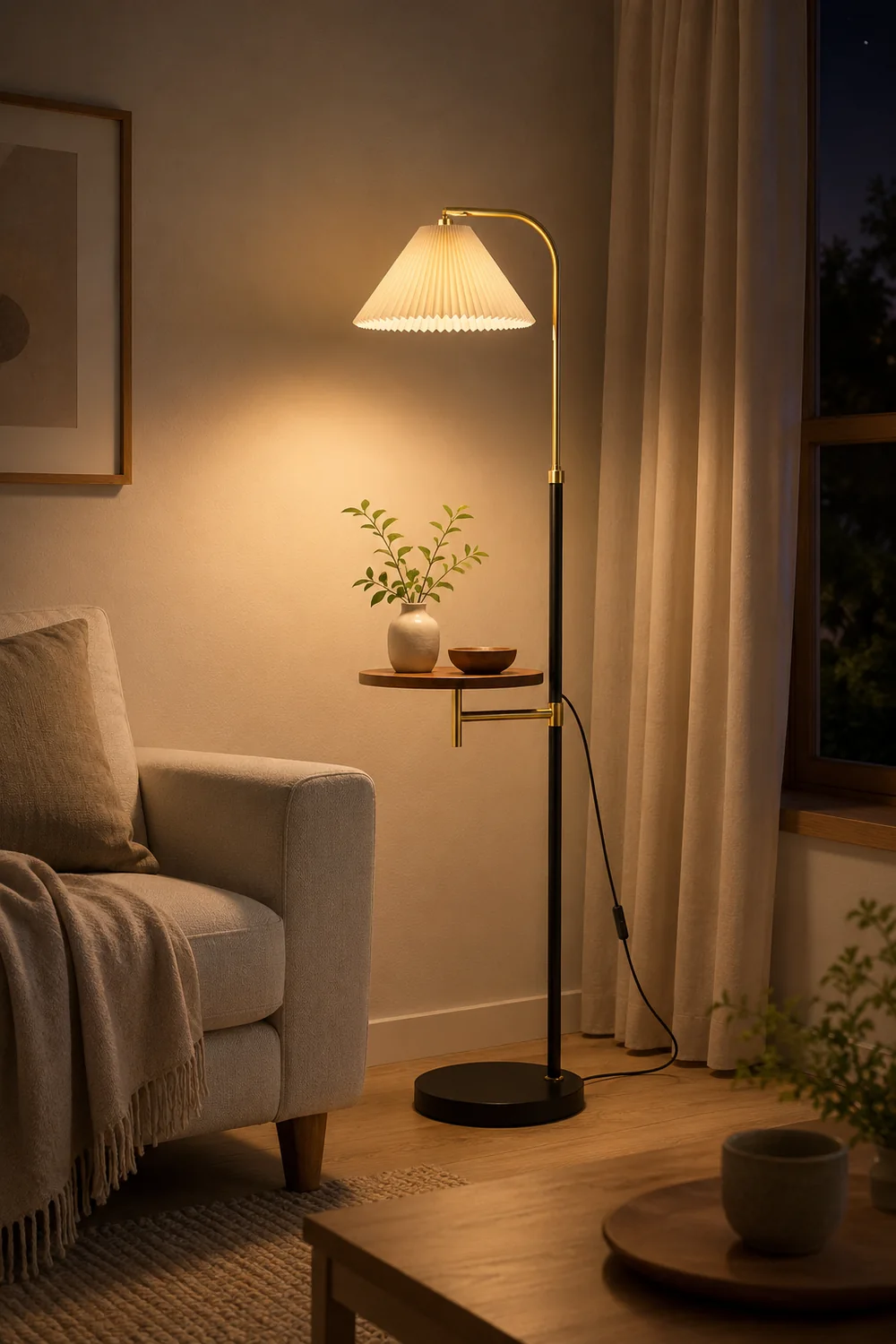 Ozawa Pleated Metal Floor Lamp With Shelves,Gold-Black/Gold - Lumpaz