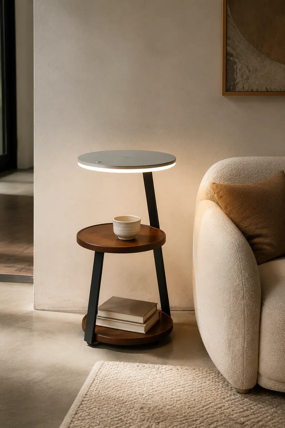 Ozawa Natural Round Wood Floor Lamp With Table Bedroom - Lumpaz