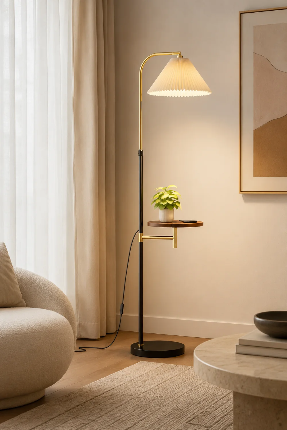 Ozawa Pleated Metal Floor Lamp With Shelves,Gold-Black/Gold - Lumpaz