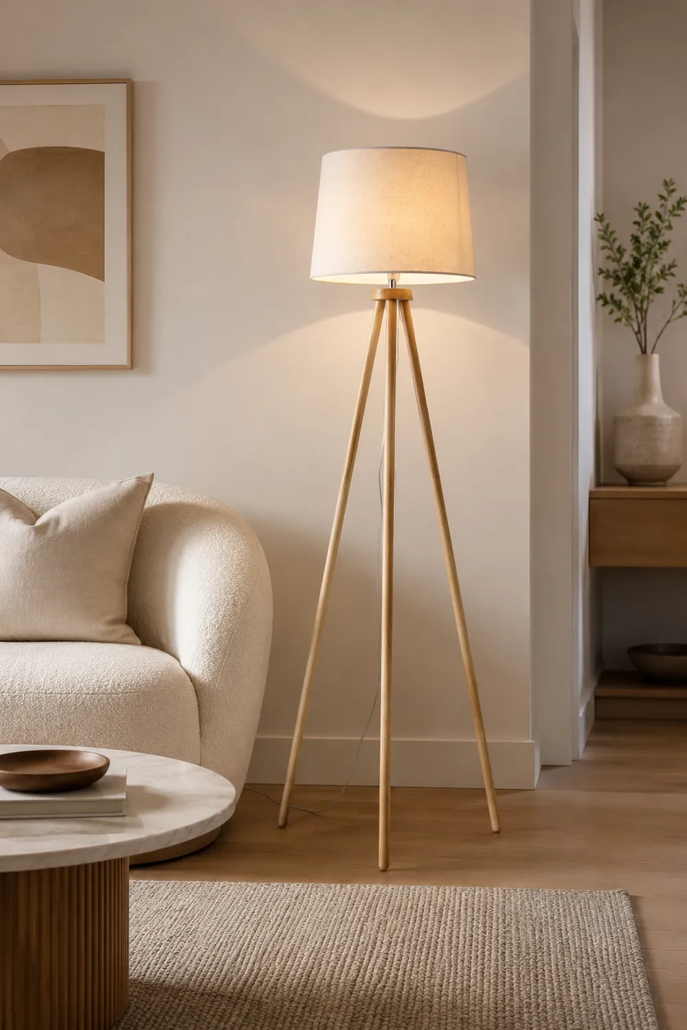 Muto Modern Cylinder Wood Fabric Floor Lamp, White/Beige - Lumpaz