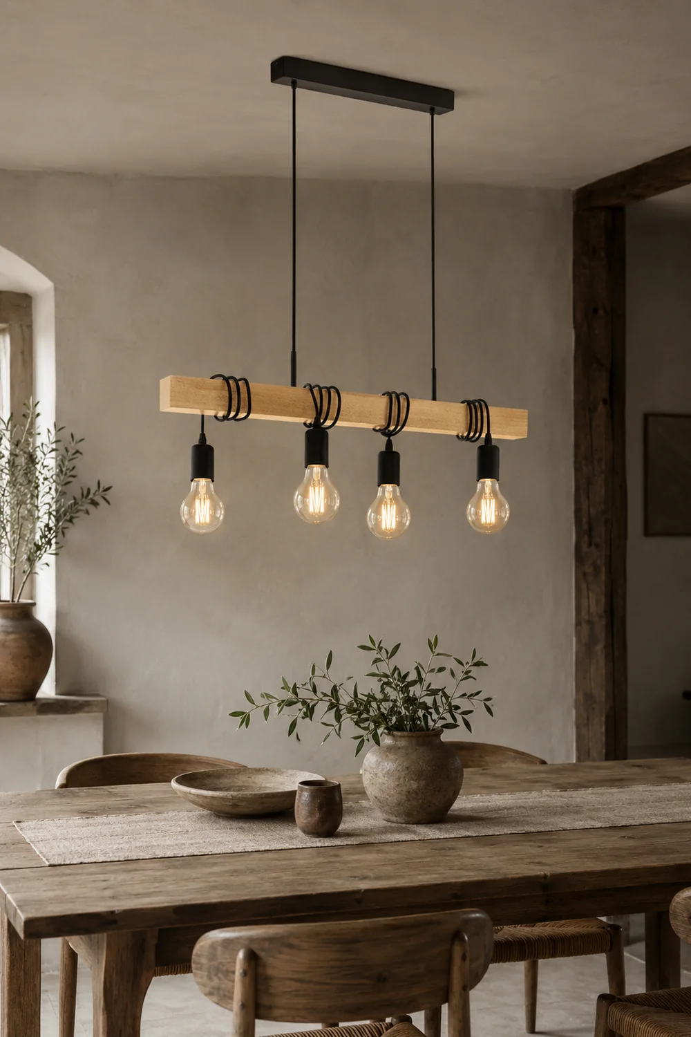 Alessio Rustic Linear Wood Pendant Light, Black, 4 Heads - Lumpaz