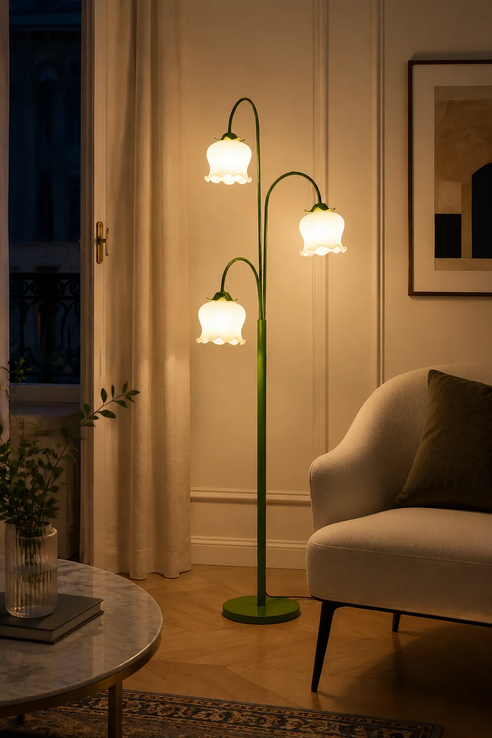 Lily Green Shade Flower Floor Lamp, Metal/Glass, Living Room/Bedroom - Lumpaz