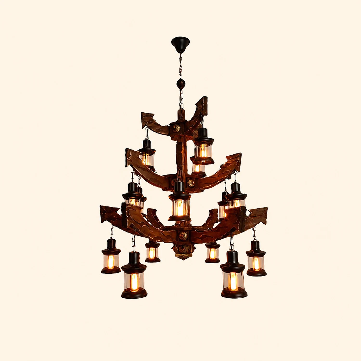 Austin Retro 14 Lantern Wood/Metal Chandelier Living Room/Bedroom - Lumpaz