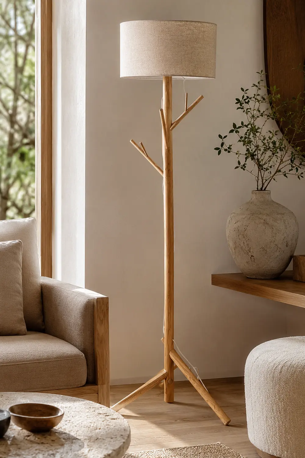 Muto Floor Lamp Japanese Tree, Beige, Fabric/Wooden - Lumpaz