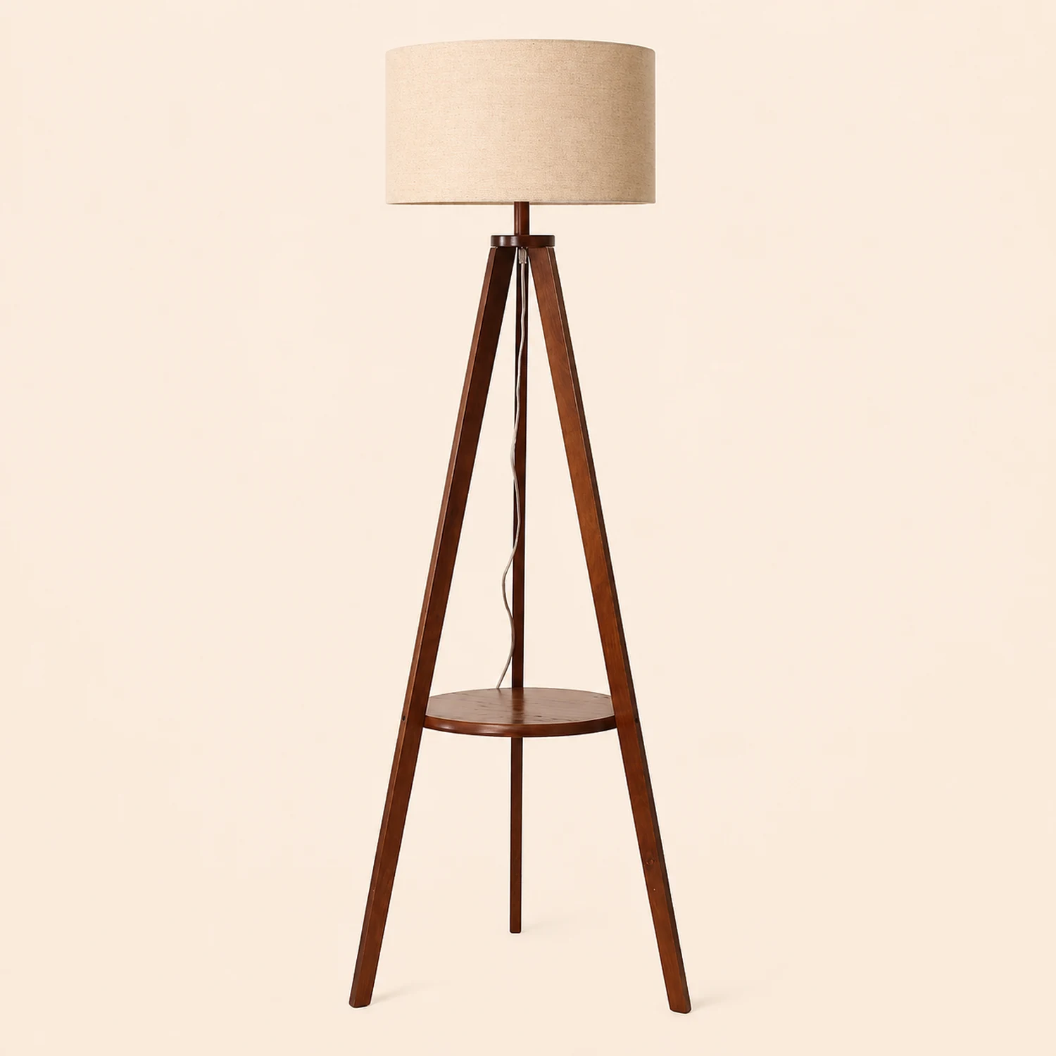 Ozawa Floor Lamp Triangle Vintage, Wooden/Fabric, Beige, Living Room - Lumpaz
