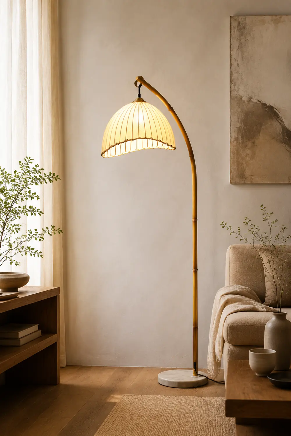 Ozawa Vintage Bamboo Shape Metal/Fabric Floor Lamp White - Lumpaz