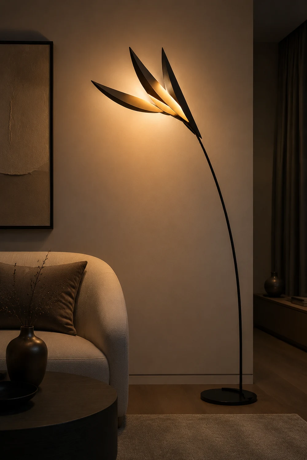 Clifford Modern Leaf Floor Lamp, Black, Metal, Living Room - Lumpaz