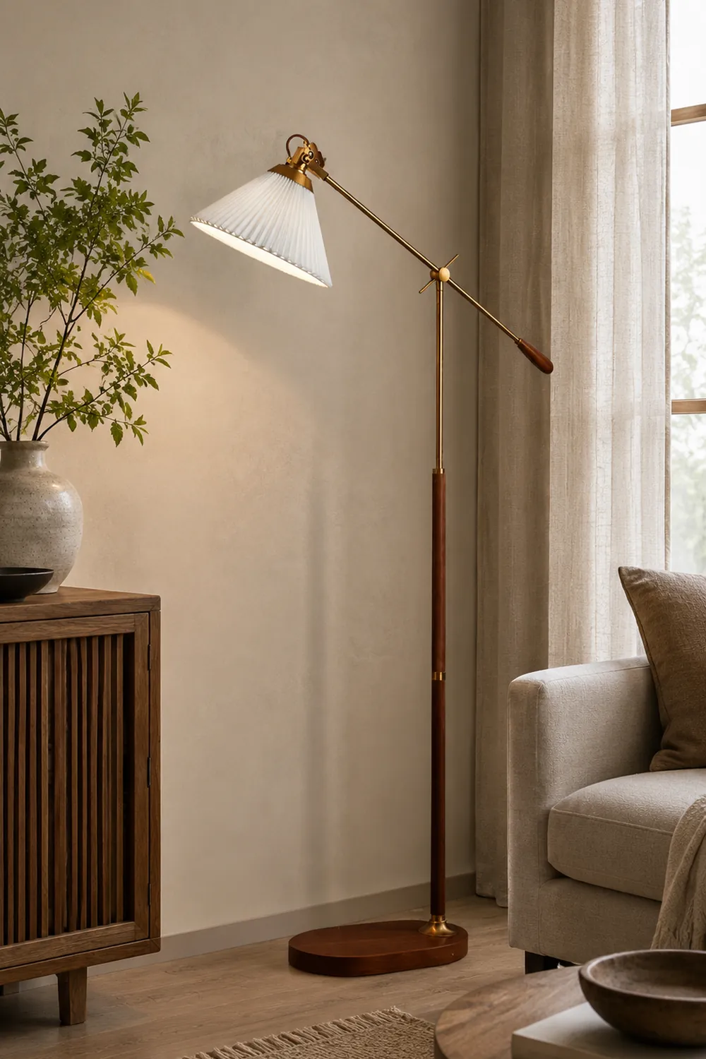 Ozawa Floor Lamp Pleated Retro, Metal/Wood, Living Room - Lumpaz
