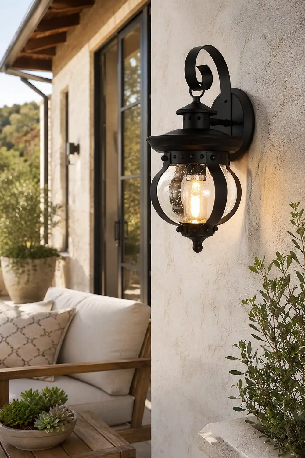 1-Light Seeded Glass Globe LED Outdoor Wall Lantern with Curved Arm - Lumpaz