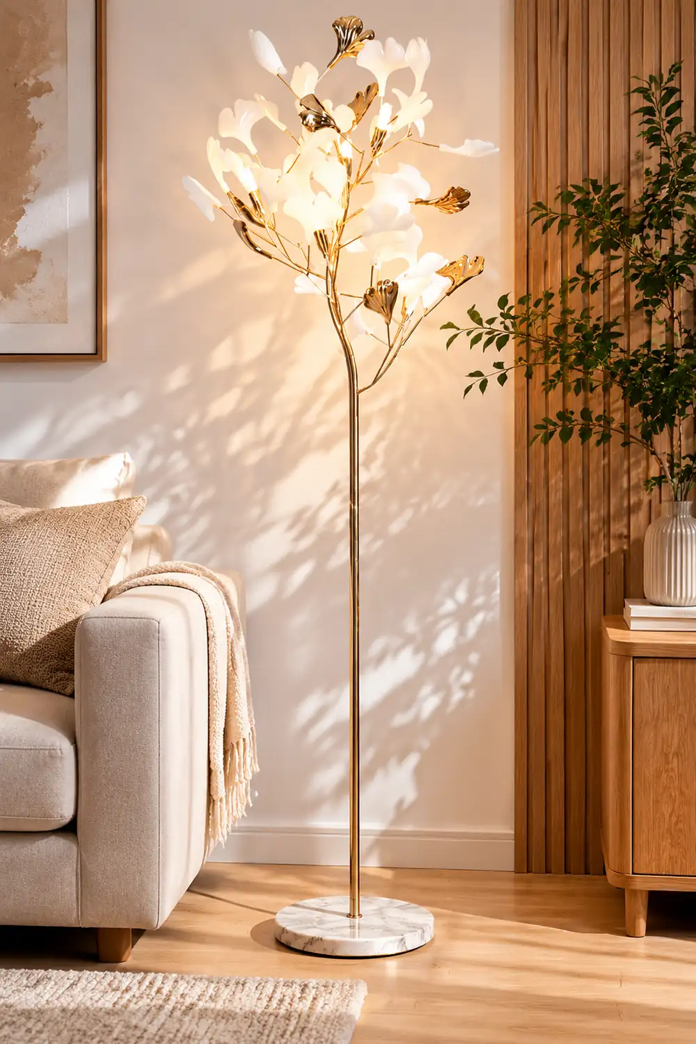 Ophelia Floor Lamp Leaf Artistic, Ceramic/Metal, White/Gold, Study - Lumpaz
