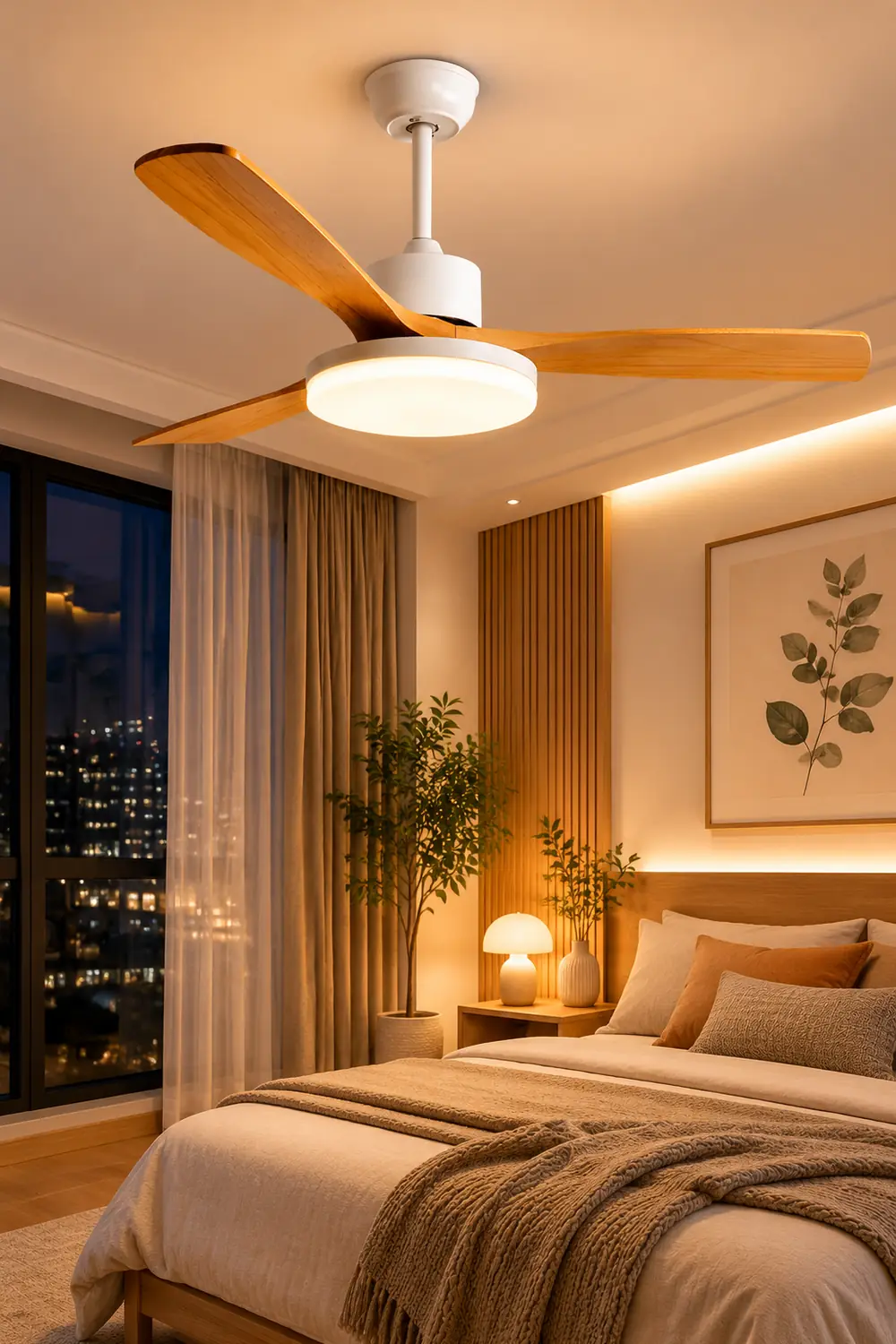 Haydn 3-Blade DC Ceiling Fan Light, Wood & White, Summer, 52'' - Lumpaz