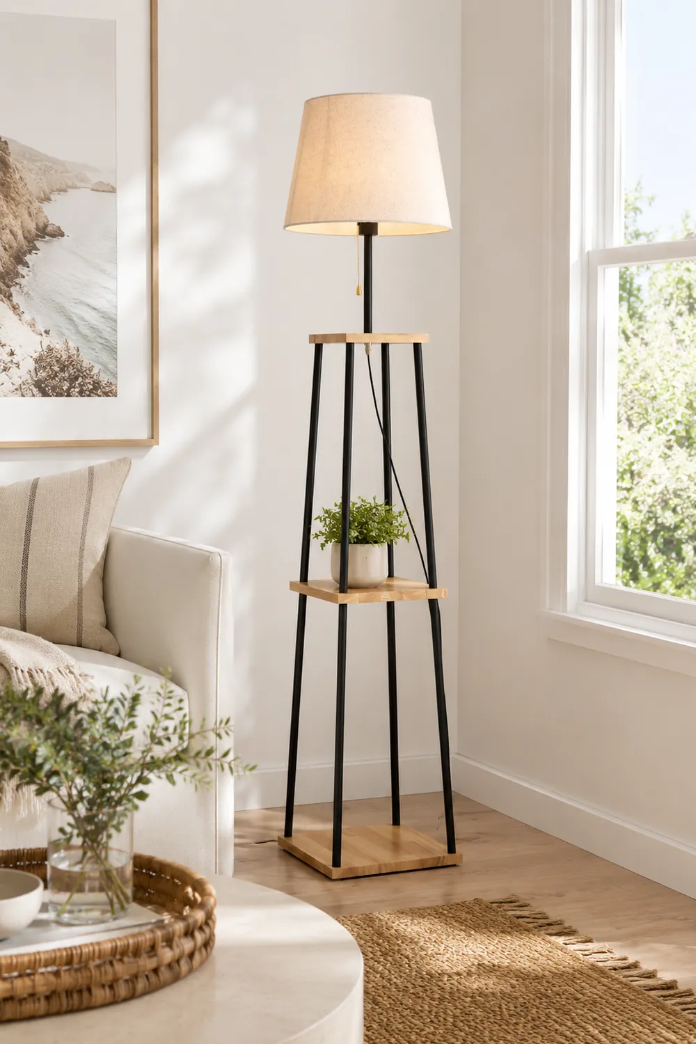 Eryn Modern Cone Metal Fabric Floor Lamp /w Shelf ,Black - Lumpaz