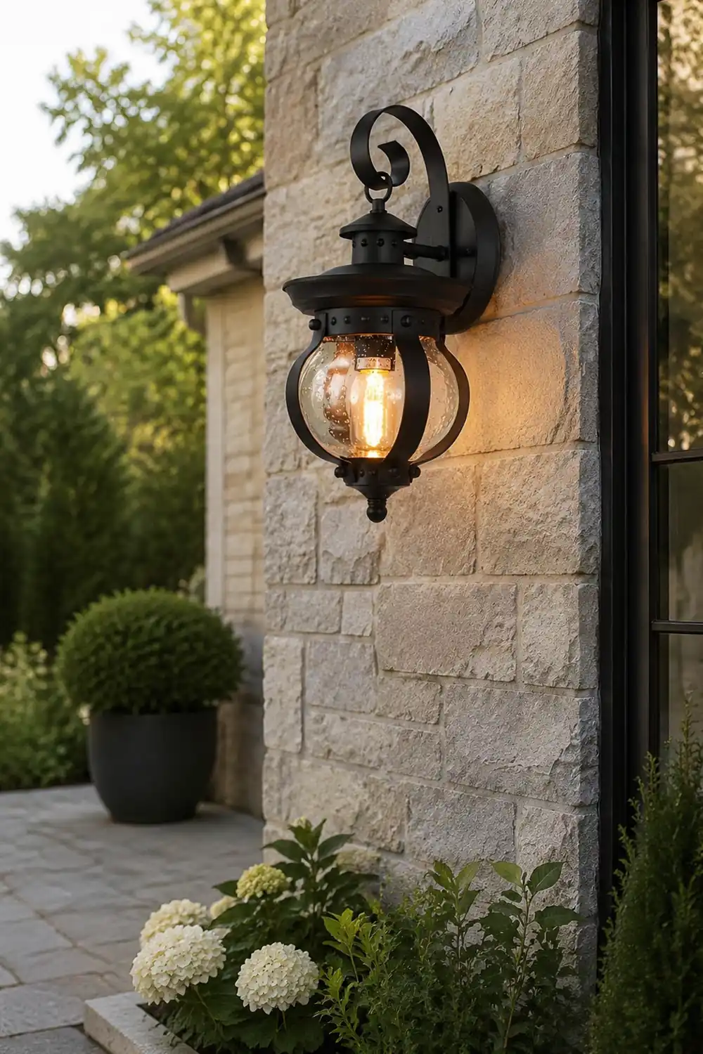 1-Light Seeded Glass Globe LED Outdoor Wall Lantern with Curved Arm - Lumpaz