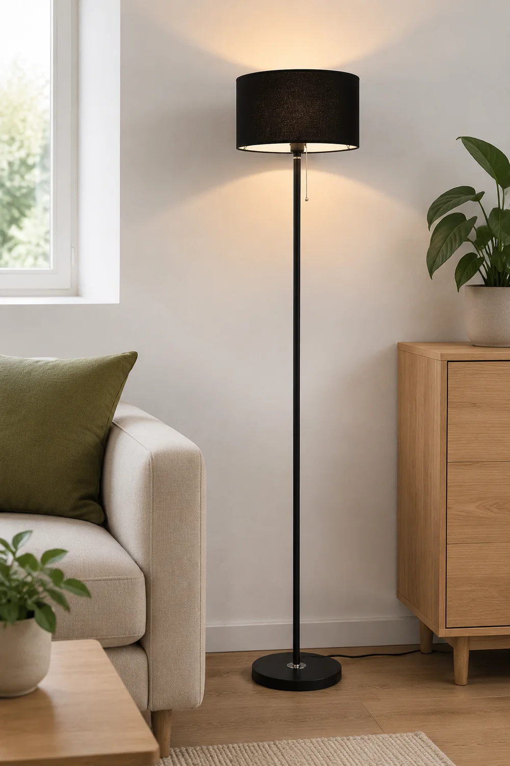 Eryn Floor Lamp Cylinder Modern, Metal/Fabric, Black/White/Gold, Bedroom - Lumpaz