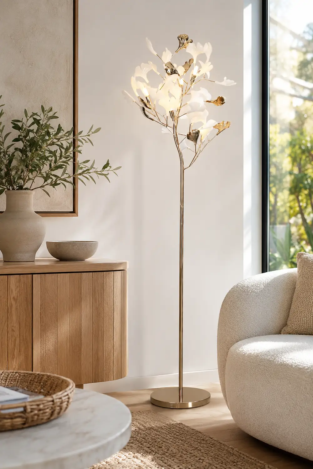 Ophelia Floor Lamp Leaf Artistic, Ceramic/Metal, White/Gold, Study - Lumpaz
