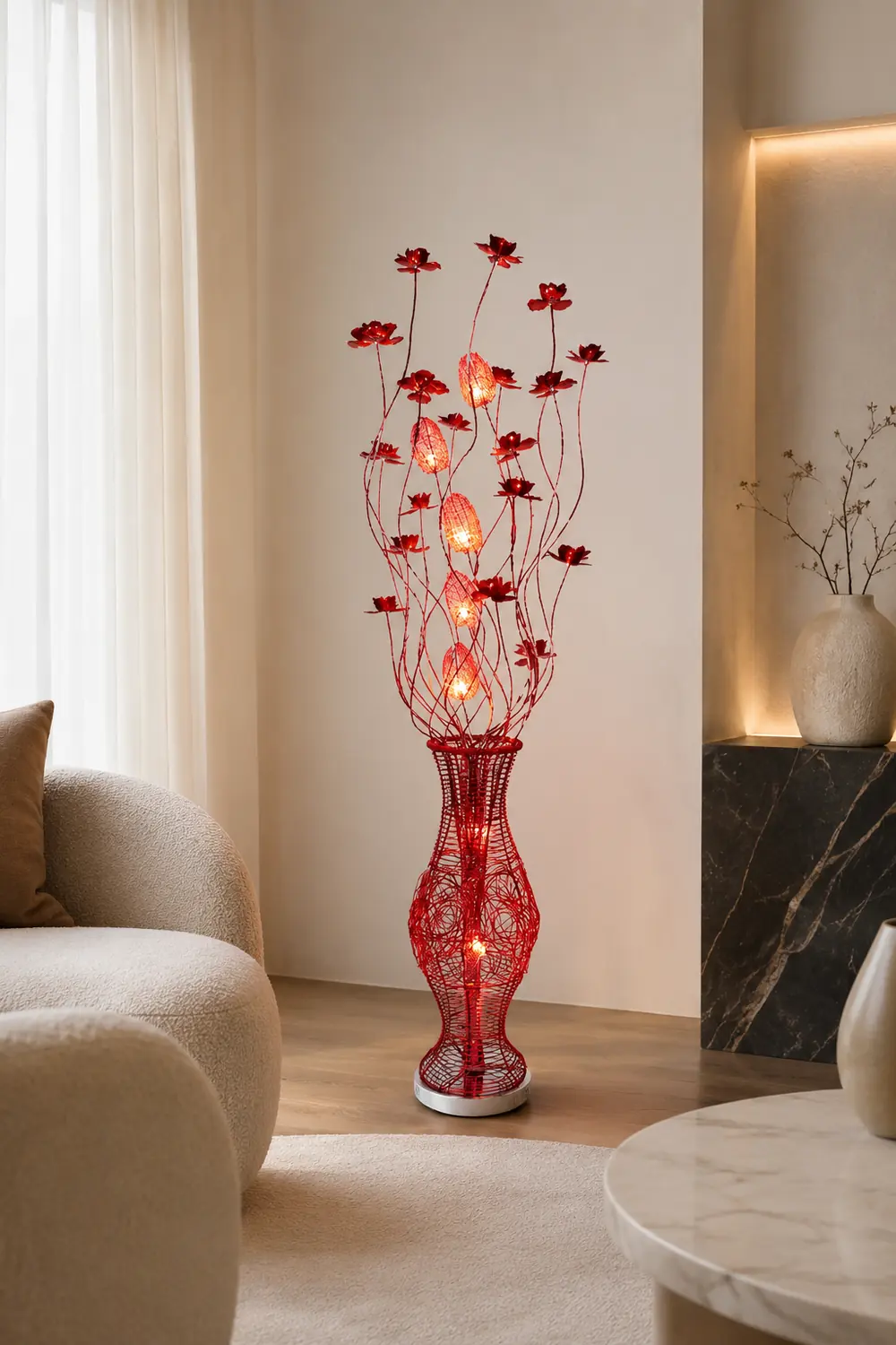 Bella Art Deco Flower Vase Metal Red Floor Lamp, Living Room - Lumpaz