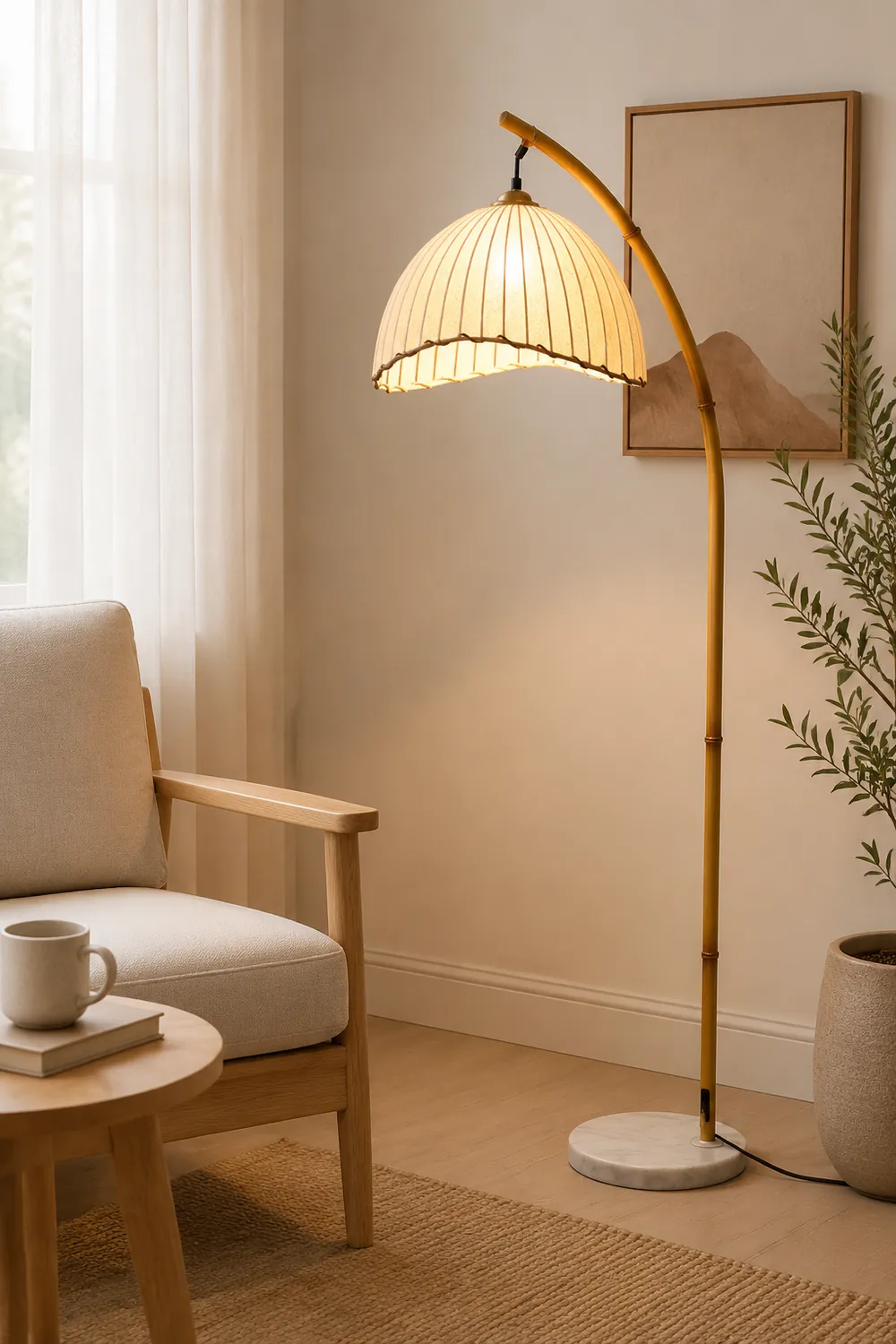 Ozawa Vintage Bamboo Shape Metal/Fabric Floor Lamp White - Lumpaz