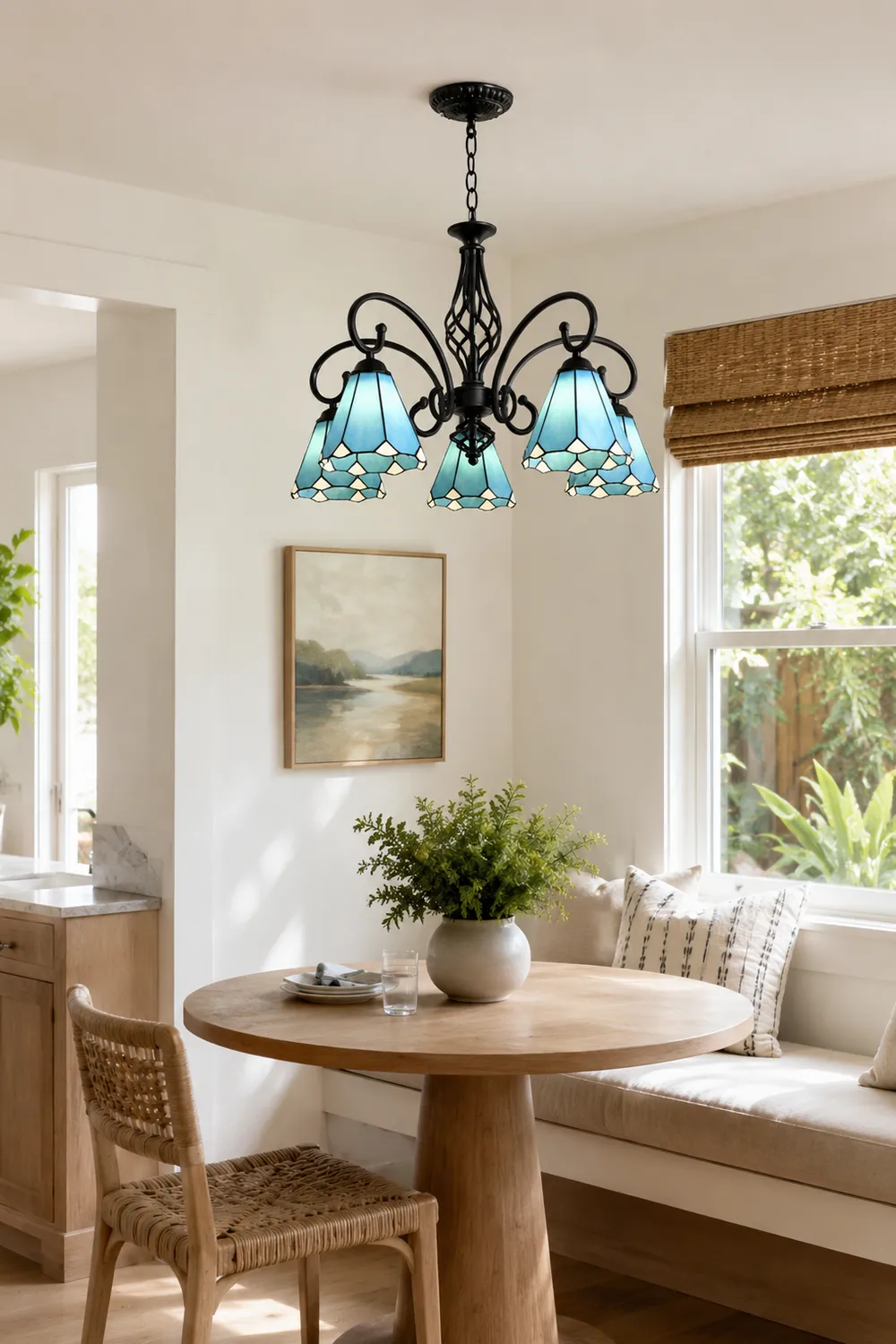 Silva Tiffany Mediterranean Branch Metal Chandelier, White/Blue/Navy Blue - Lumpaz