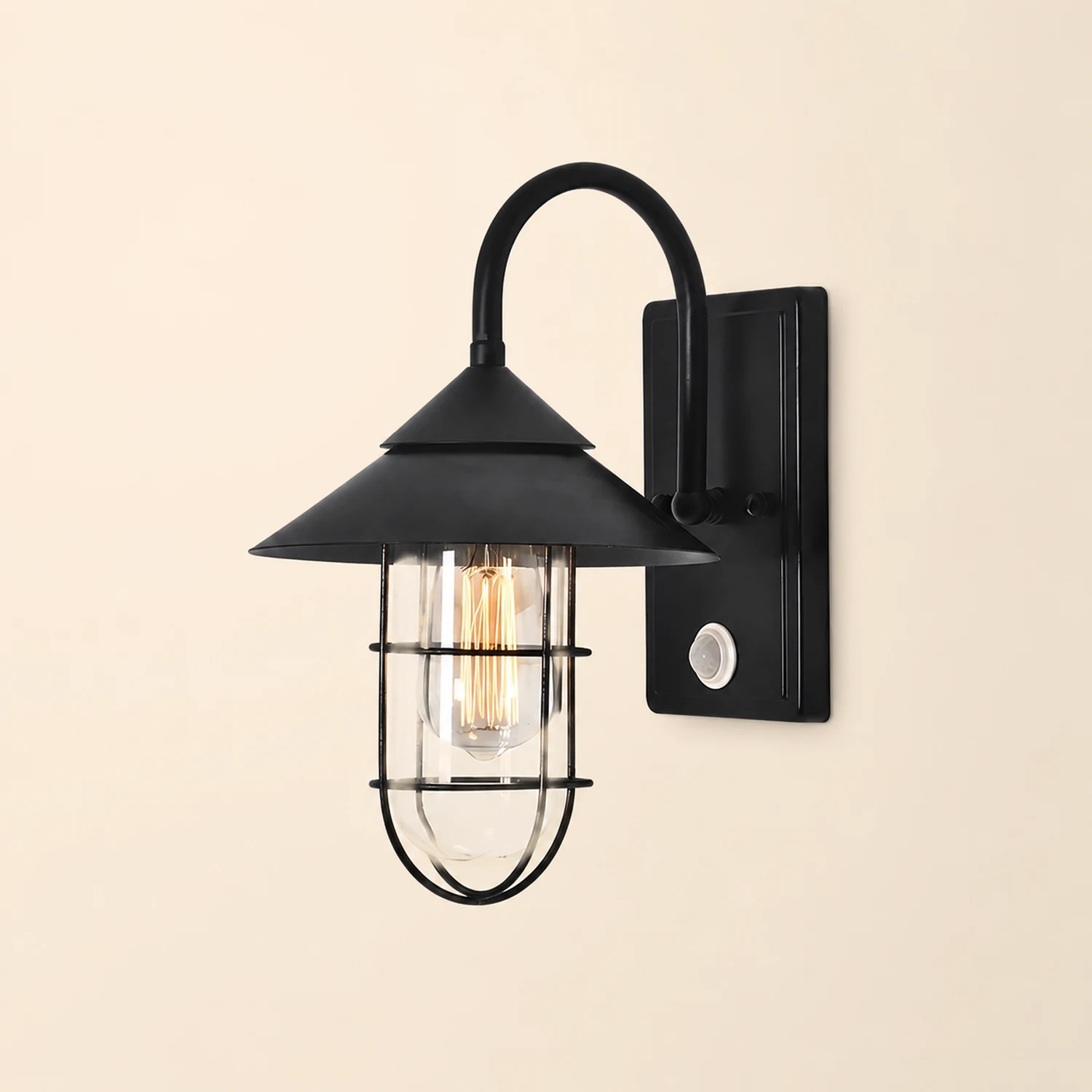 Retro Round Iron Glass Waterproof Motion Sensor Black Outdoor Wall Lights - Lumpaz