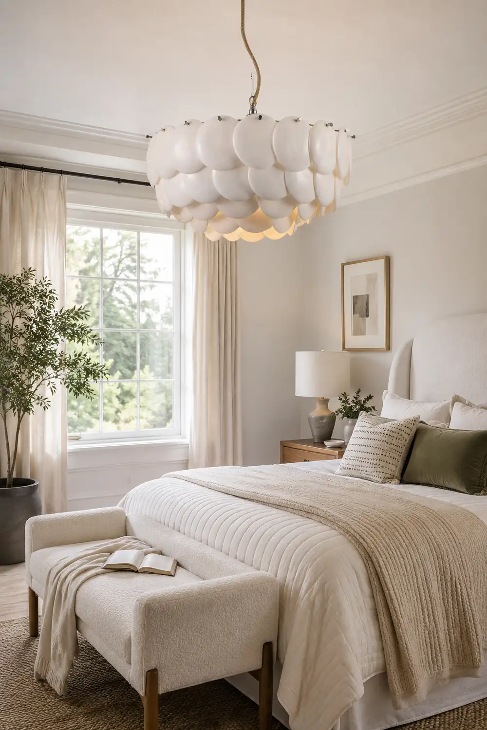 Lottie Wihte Art Deco Chandelier Light Fixture, Ceramic Leaf & Metal - Lumpaz