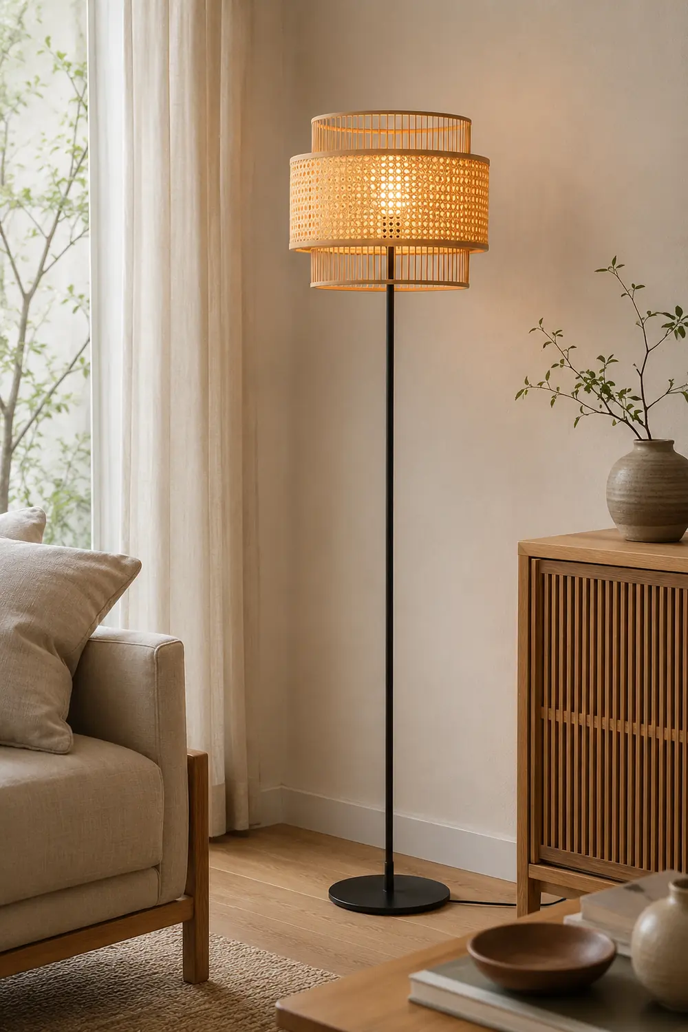 Ritta Zen Rattan/Willow Weave Tri-Layer Floor Lamp, Wood - Lumpaz