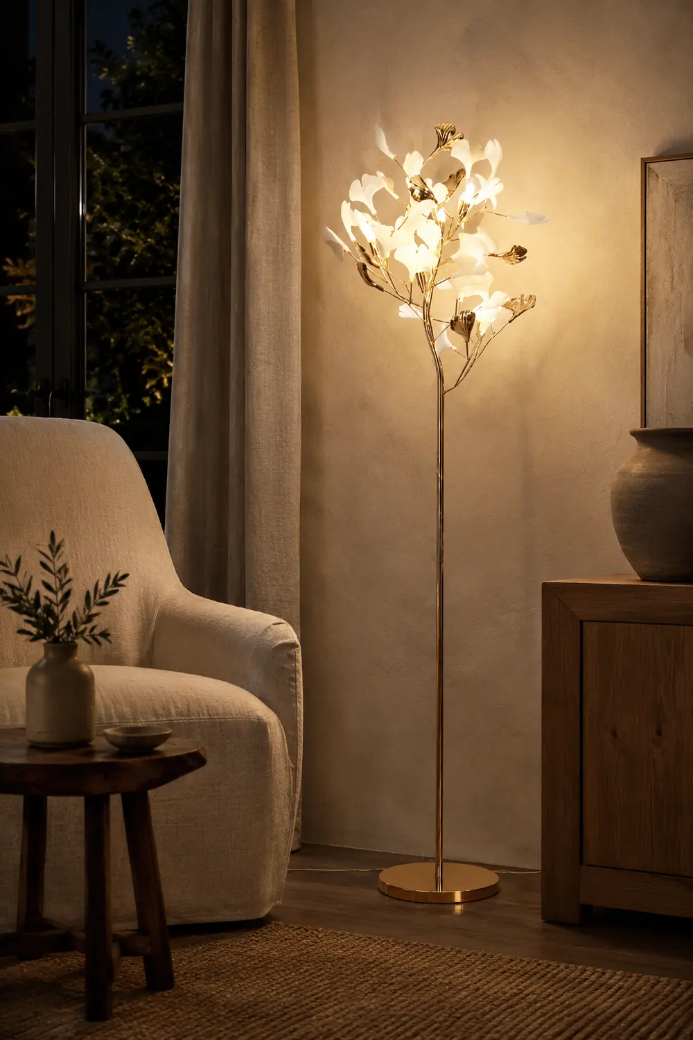 Ophelia Floor Lamp Leaf Artistic, Ceramic/Metal, White/Gold, Study - Lumpaz