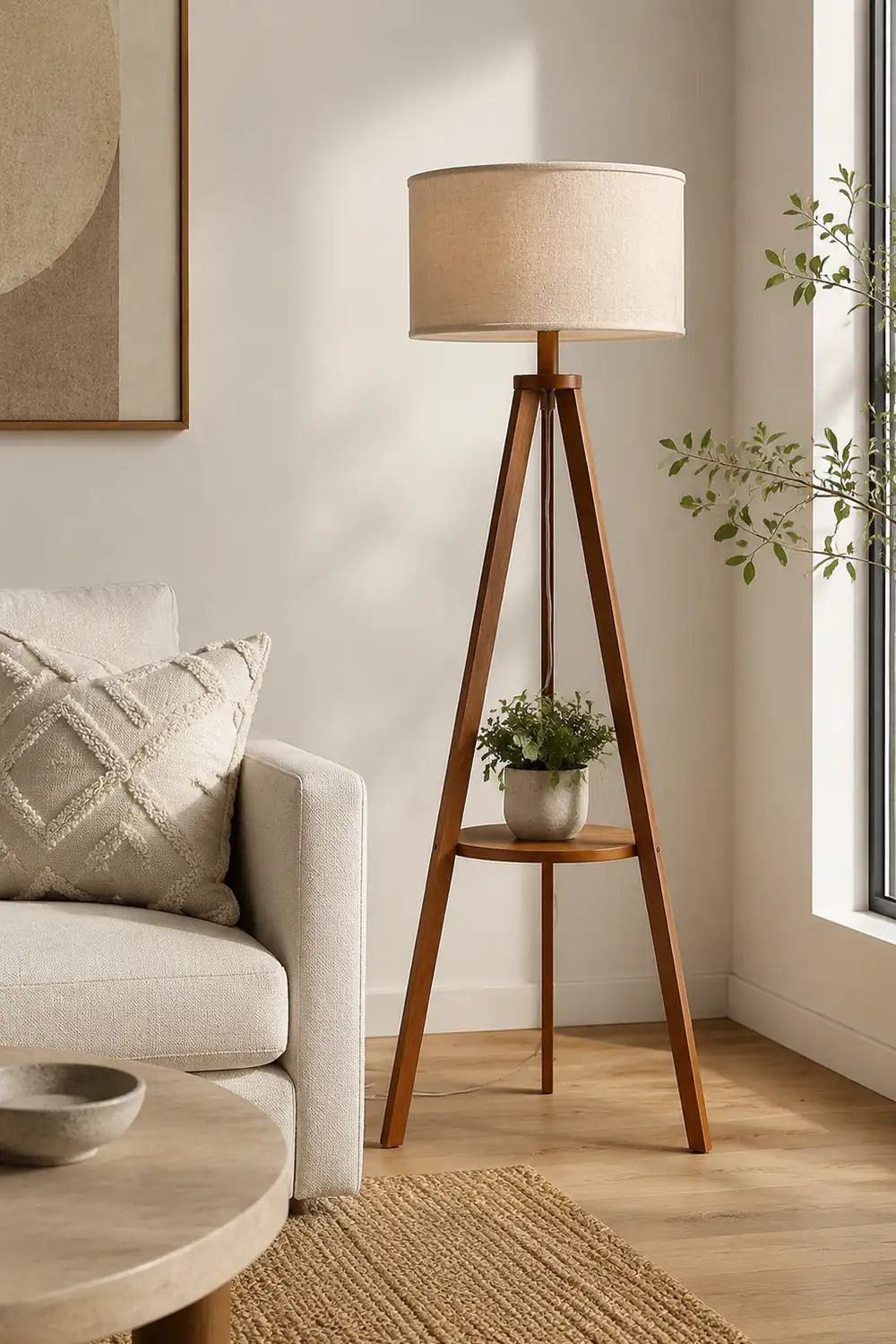 Ozawa Floor Lamp Triangle Vintage, Wooden/Fabric, Beige, Living Room - Lumpaz