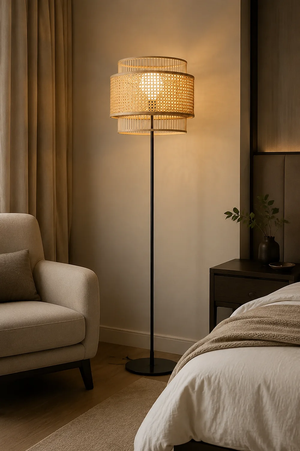 Ritta Zen Rattan/Willow Weave Tri-Layer Floor Lamp, Wood - Lumpaz