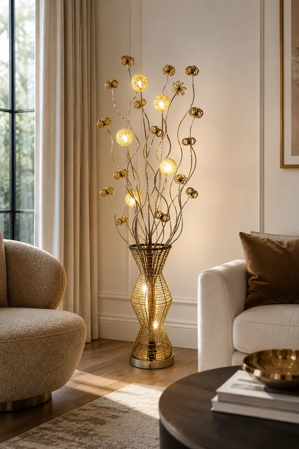 Bella Scandinavian Style Art Deco Handmade Metal Vase Gold Floor Lamp - Lumpaz