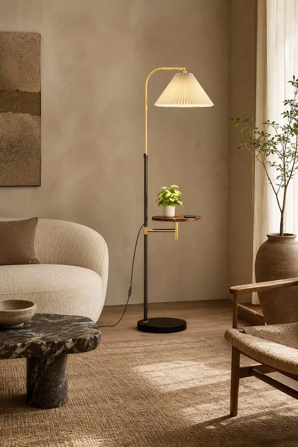 Ozawa Pleated Metal Floor Lamp With Shelves,Gold-Black/Gold - Lumpaz